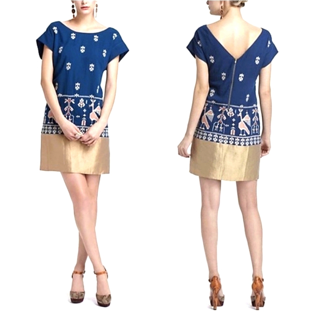 Anthropologie Floreat Dress Embroidered Metallic Gold Teal Hieroglyphics 4